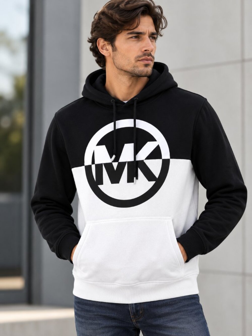 Michael Kors Men’s Black White Colorblock MK Logo Pullover Hoodie Size M